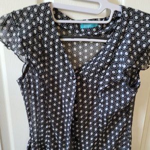 Ginger Flutter Sleeve V Neck Button Up Belted Top - Black White - Size S